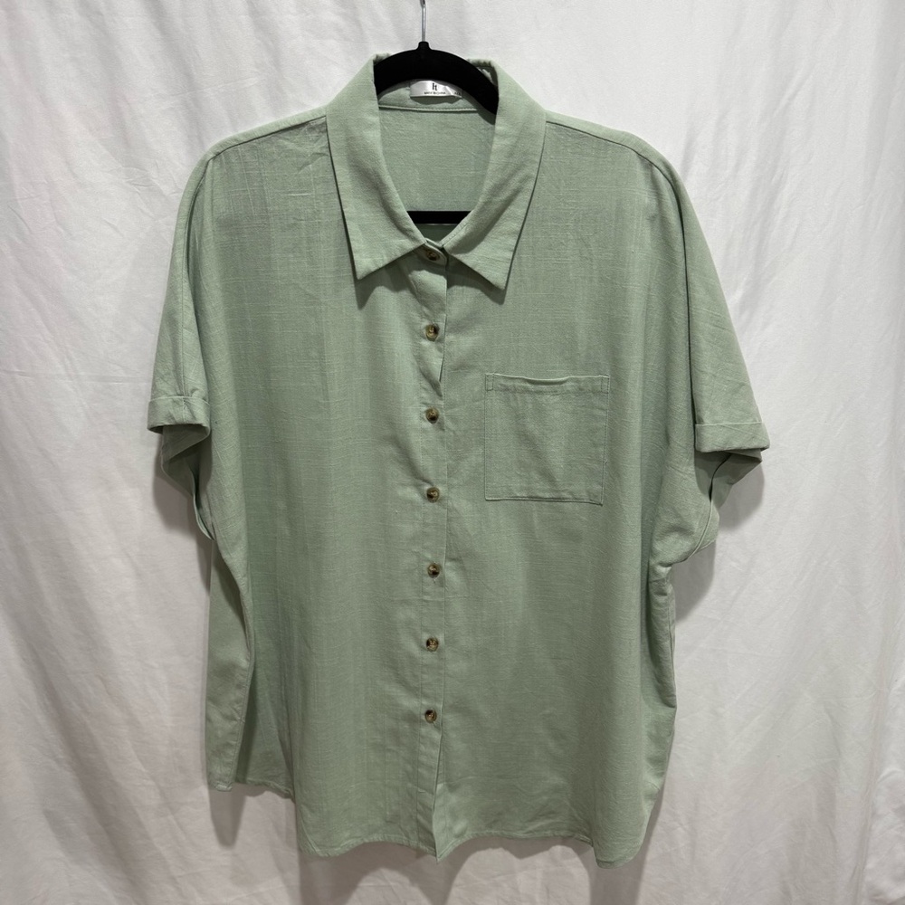 ht Short Sleeve Button Front Shirt Women XXXL Sage Cotton‎ Coastal Lightweight